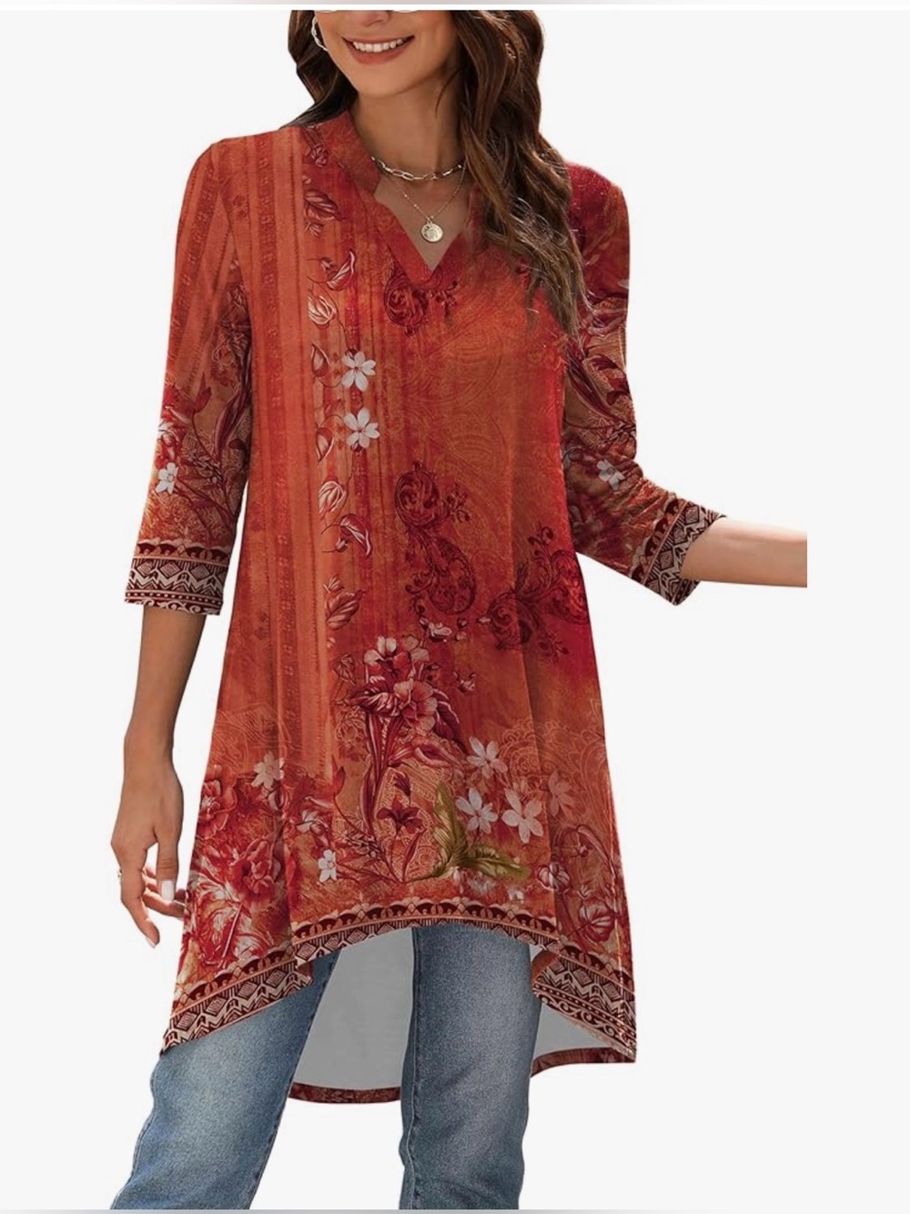 Women's Floral V-Neck Tunic Top - Rust Red